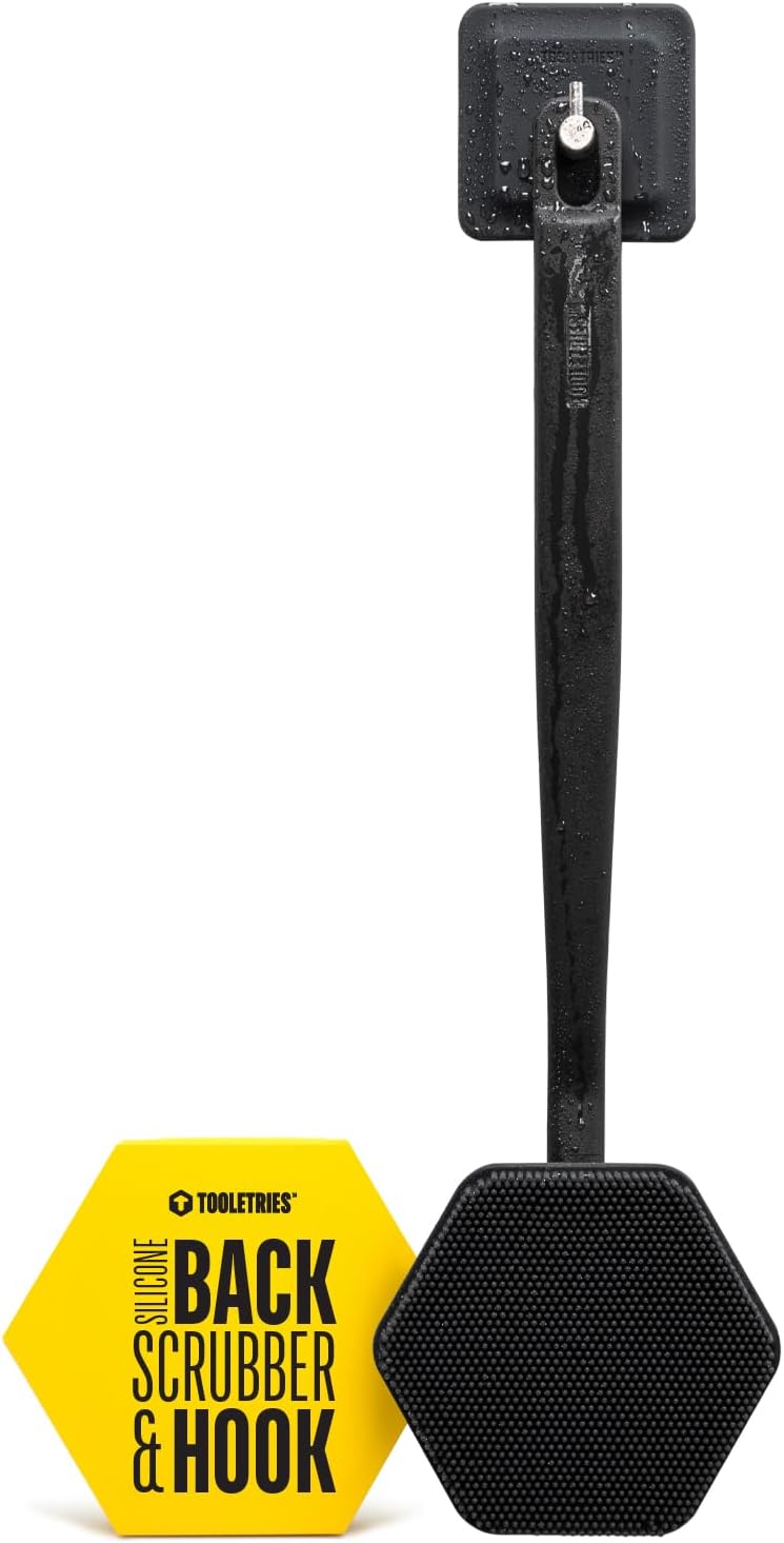 TOOLETRIES Silicone Back Scrubber with Hook - Exfoliating Shower Brush, Back Washer for Men, Durable Back Brush with Long Handle - Long Lasting Bath & Shower Accessories - Charcoal - Image 1